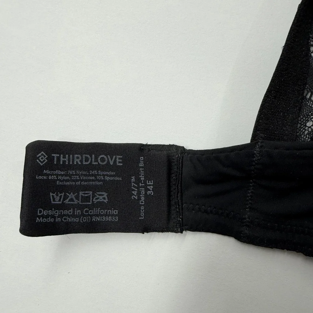 Third Love 24/7 Lace Detail T-Shirt Bra Size 34E Black Lace Back Strap